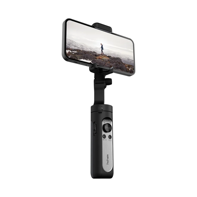 Gimbal Hohem iSteady X2 czarny ze smartfonem w poziomie, widok z boku na rękojeść