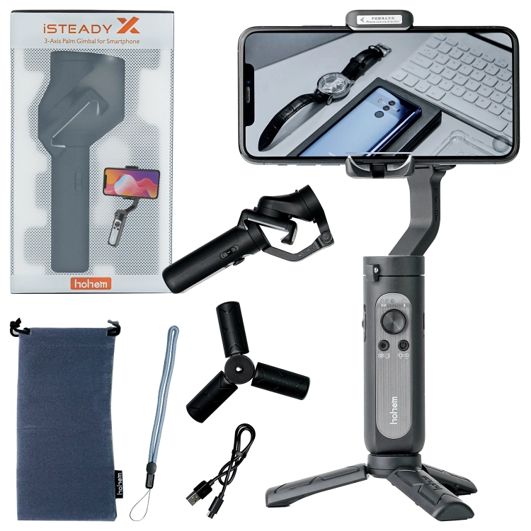 Gimbal Hohem iSteady X ze smartfonem, statyw, etui, kabel i pudełko – zawartość zestawu