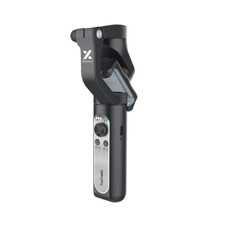 Gimbal Hohem iSteady X złożony z logo X na ramieniu, widok pod kątem z boku