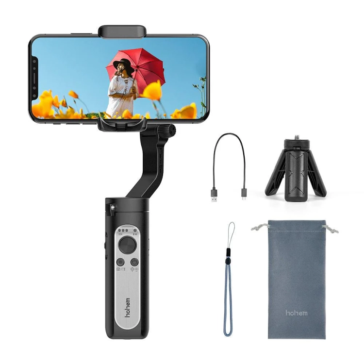 Gimbal Hohem iSteady X ze smartfonem oraz kabel, statyw, smycz i etui obok
