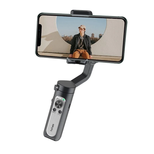 Gimbal Hohem iSteady X ze smartfonem w poziomie, widok z przodu na panel