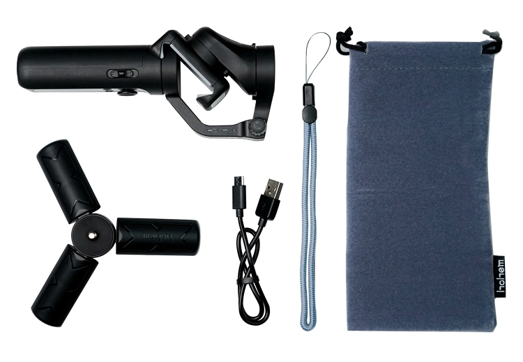 Gimbal Hohem iSteady X – złożony gimbal, mini statyw, kabel, smycz i etui z zestawu