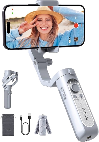Gimbal Hohem iSteady XE szary ze smartfonem do selfie, obok złożony gimbal i akcesoria z zestawu