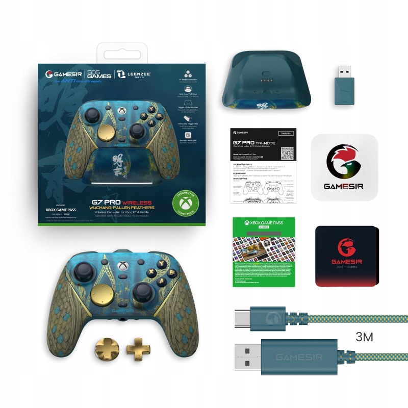 Zestaw akcesoriów do pada GameSir G7 Pro z kablem USB i naklejkami.