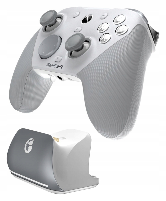 Stacja dokująca do ładowania kontrolera GameSir w kolorze białym dołączona do zestawu.