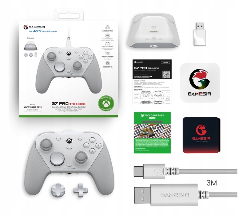 Zestaw akcesoriów do pada GameSir G7 Pro z kablem USB, donglem i naklejkami.