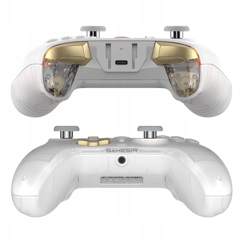 Ergonomiczne uchwyty pada GameSir z antypoślizgową fakturą w kolorze białym.