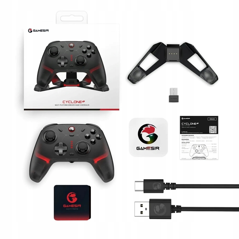 Czarny bezprzewodowy kontroler GameSir Cyclone 2 ze stacją dokującą.