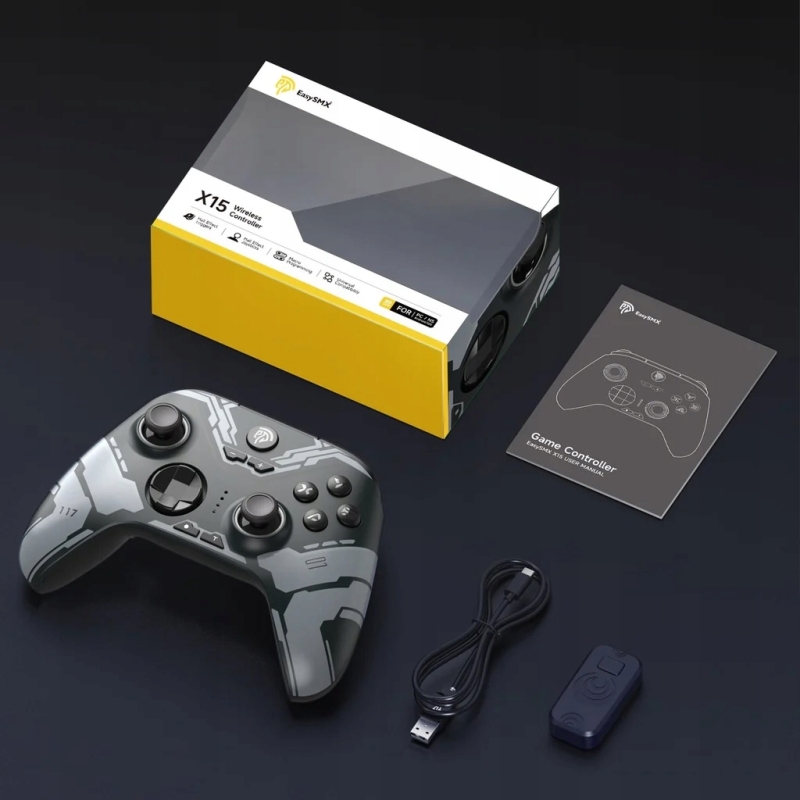 Bezprzewodowy kontroler gamingowy EasySMX X15 z włączonym niebieskim podświetleniem RGB.