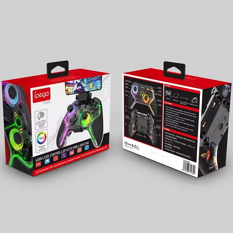 Bezprzewodowy gamepad iPega PG-9666 z podświetleniem RGB i wbudowanym uchwytem na telefon.