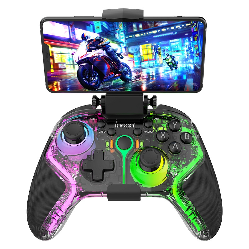 Tył bezprzewodowego gamepada iPega z widocznymi programowalnymi przyciskami oraz przełącznikami.