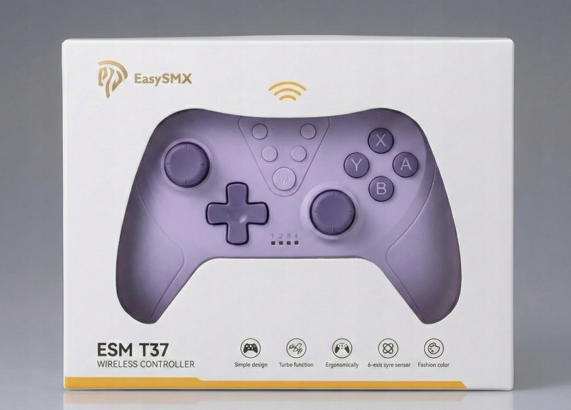 Front pada EasySMX z asymetrycznym układem analogów i przyciskiem Home do wybudzania.
