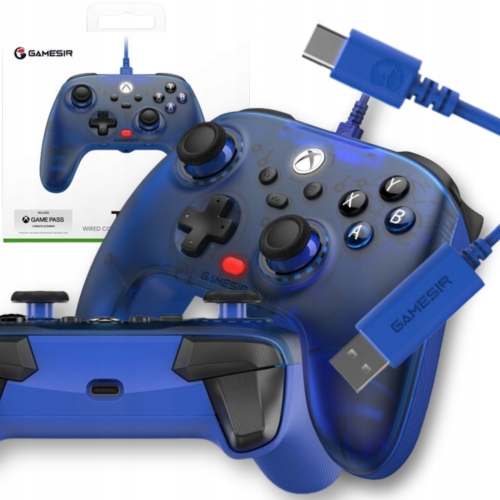 Przewodowy kontroler GameSir T7 w kolorze niebieskim przeznaczony do konsol Xbox i PC.