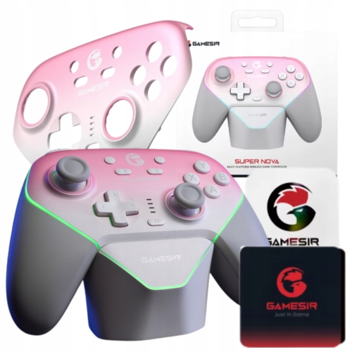 Różowy gamepad bezprzewodowy GameSir Super Nova T4N Pro w komplecie ze stacją ładującą.