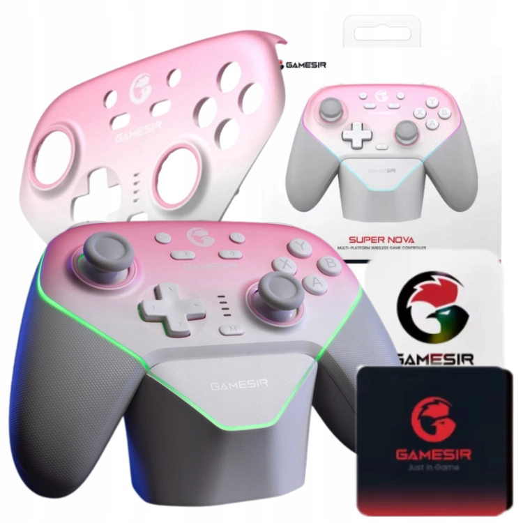 Różowy gamepad bezprzewodowy GameSir Super Nova T4N Pro w komplecie ze stacją ładującą.