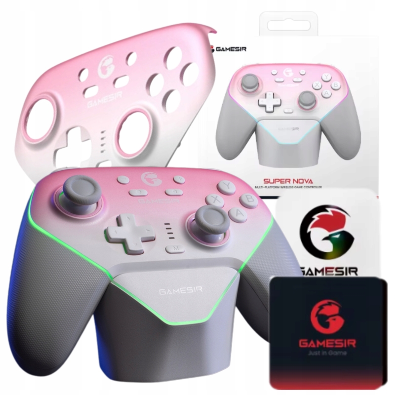 Różowy gamepad bezprzewodowy GameSir Super Nova T4N Pro w komplecie ze stacją ładującą.