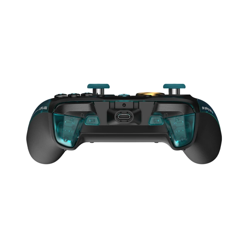 Optyczne mikroprzełączniki ABXY z niebieskim akcentem w e-sportowym gamepadzie.