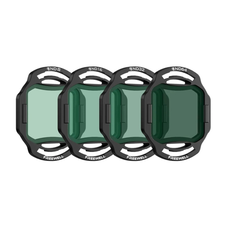Zestaw czterech profesjonalnych filtrów szarych Freewell do kamery DJI O4 Air Unit Pro.