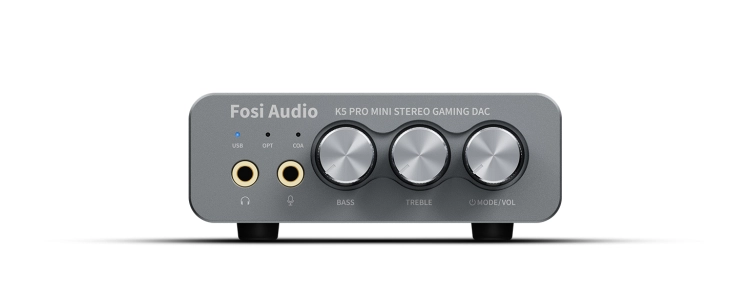 Kompaktowy wzmacniacz słuchawkowy Fosi Audio K5 Pro w czarnej, metalowej obudowie.