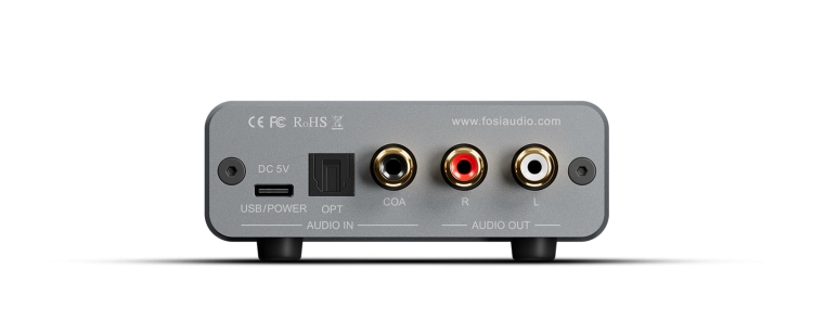 Tylny panel Fosi K5 Pro wyposażony w wejścia cyfrowe Coaxial, Optical i USB Typu C.