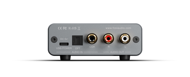 Tylny panel Fosi K5 Pro wyposażony w wejścia cyfrowe Coaxial, Optical i USB Typu C.