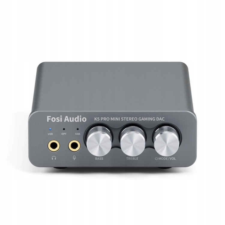 Zawartość zestawu Fosi Audio K5 Pro: urządzenie, przewody, adapter i instrukcja obsługi.