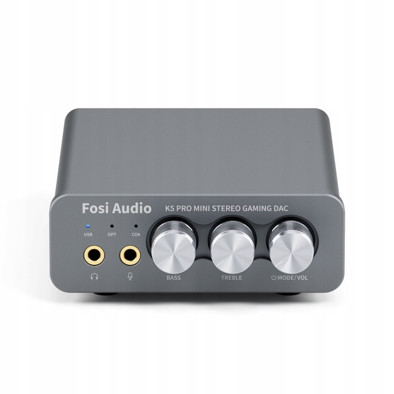 Zawartość zestawu Fosi Audio K5 Pro: urządzenie, przewody, adapter i instrukcja obsługi.