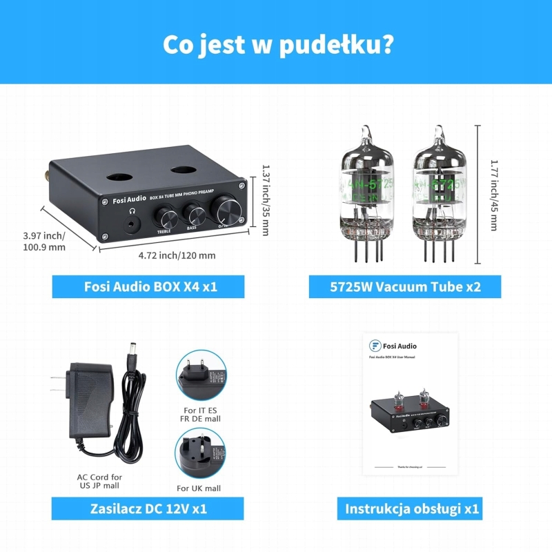 Lampowy przedwzmacniacz gramofonowy Fosi Audio BOX X4 ułożony na ciemnym tle.