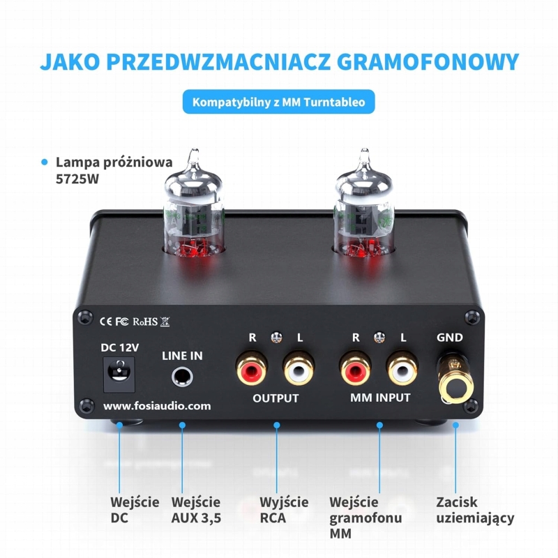 Zbliżenie na układ świecących, pomarańczowych lamp JAN 5654W w module Fosi Audio.