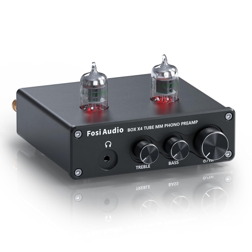 Front urządzenia Fosi Audio BOX X4 zawierający aluminiowe potencjometry i wejście słuchawkowe.