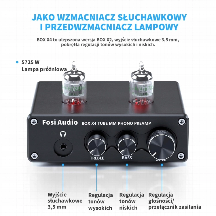 Zawartość zestawu BOX X4: przedwzmacniacz Fosi, kabel zasilający i osłony lamp elektronowych.