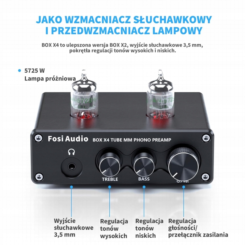 Zawartość zestawu BOX X4: przedwzmacniacz Fosi, kabel zasilający i osłony lamp elektronowych.