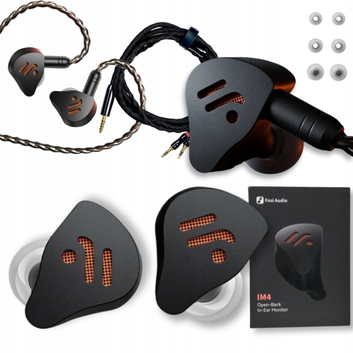 Czarne słuchawki dokanałowe IEM Fosi Audio IM4 ze złączem na kabel 2-pin.