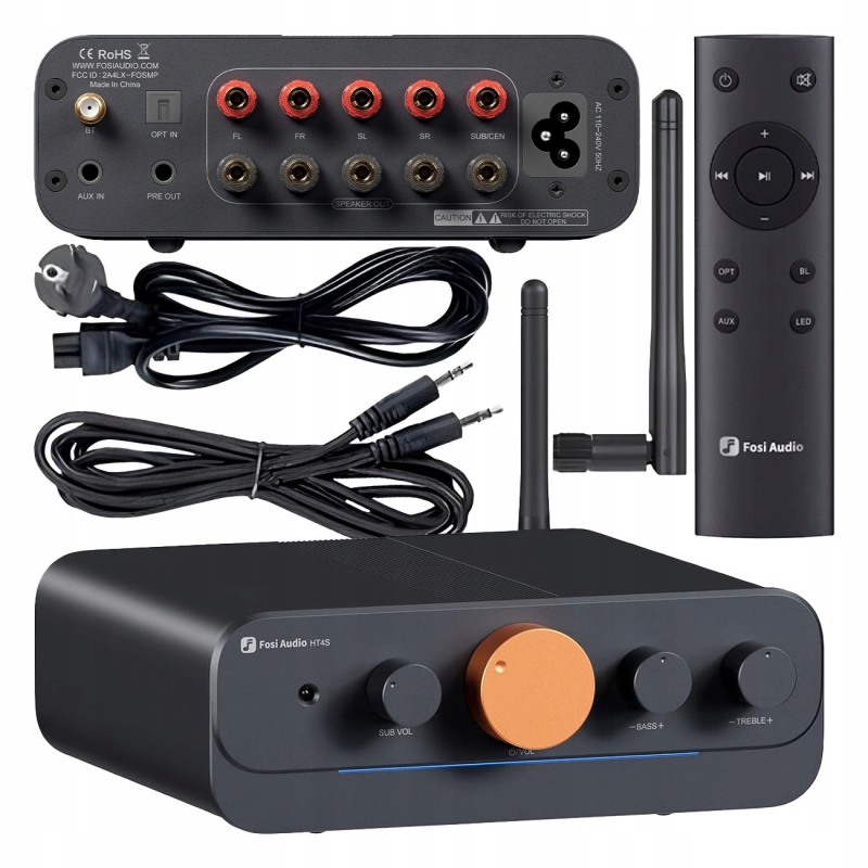Kompaktowy wzmacniacz wielokanałowy Fosi Audio HT4S z oświetleniem ambientowym.