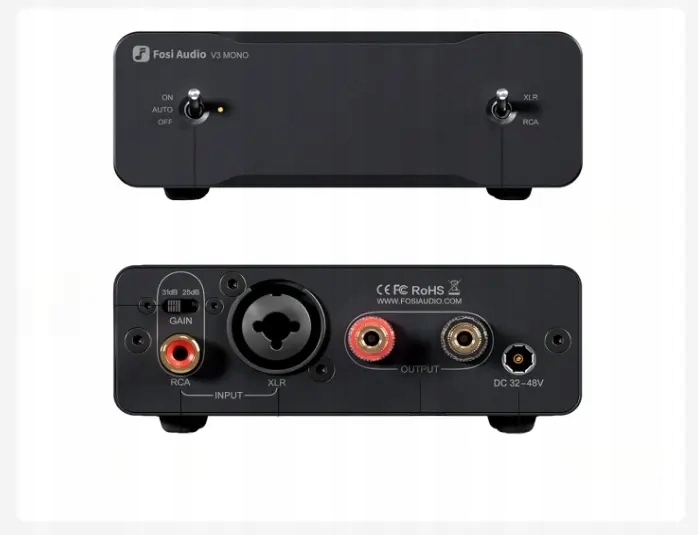 Kompaktowy wzmacniacz Hi-Fi Fosi Audio V3 Mono z włącznikiem na przednim panelu.