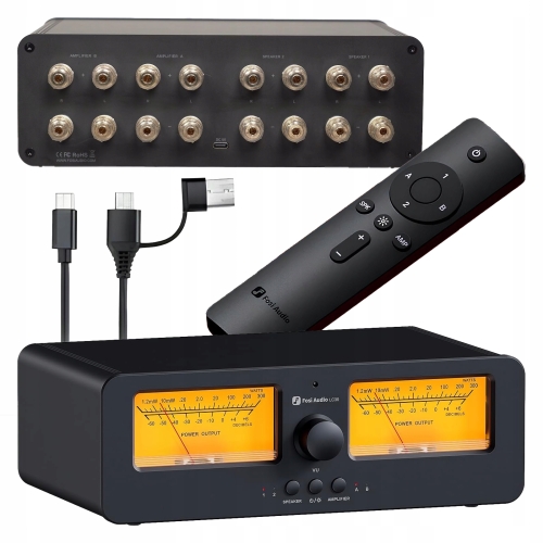 Front selektora audio Fosi LC30 z pokrętłami do przełączania zestawów głośnikowych A/B.