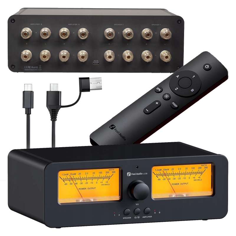 Front selektora audio Fosi LC30 z pokrętłami do przełączania zestawów głośnikowych A/B.