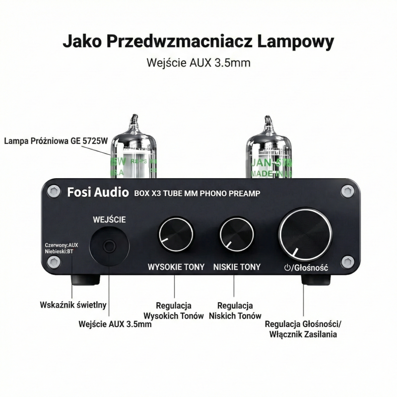 Potencjometry regulacji Bass i Treble na aluminiowym, przednim panelu wzmacniacza Fosi.