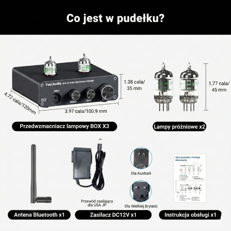 Zawartość opakowania z lampami próżniowymi, kablem, zasilaczem i instrukcją.