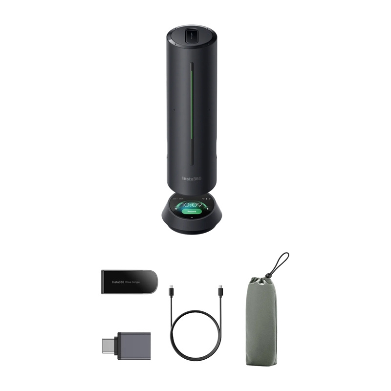 Kabel USB-C podłączony jako zasilanie i przesył danych do sprzętu Insta360 podpiętego do laptopa.