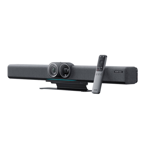 Panel wideokonferencyjny Insta360 Connect z dwoma kamerami stojący na płaskim, drewnianym biurku.
