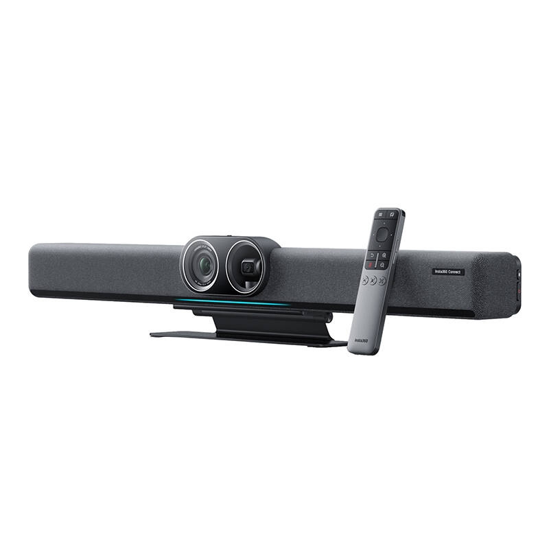 Panel wideokonferencyjny Insta360 Connect z dwoma kamerami stojący na płaskim, drewnianym biurku.