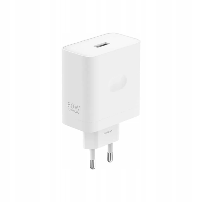 Minimalistyczny design i logotyp SuperVOOC nadrukowany na twardej kostce ładującej 80W.