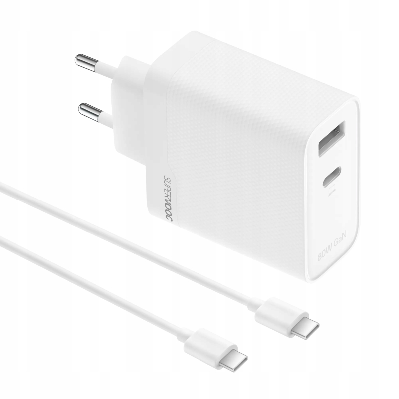 Przód kompaktowego zasilacza sieciowego 80W z dwoma niezależnymi złączami USB w technologii GaN.