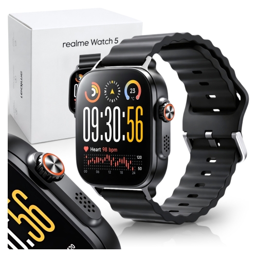 Smartwatch Realme Watch 5 w czarnej kopercie wyposażony w wyraźny ekran AMOLED.