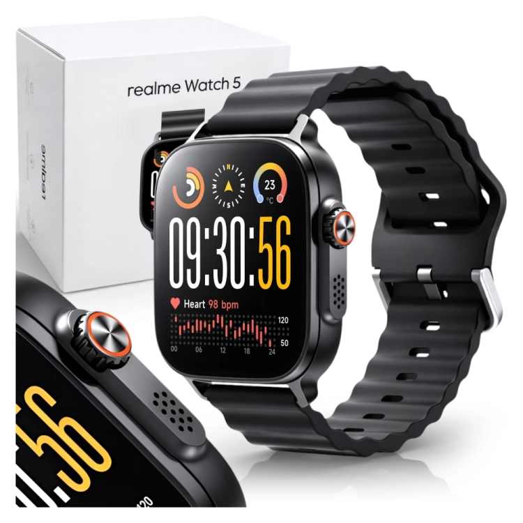 Smartwatch Realme Watch 5 w czarnej kopercie wyposażony w wyraźny ekran AMOLED.