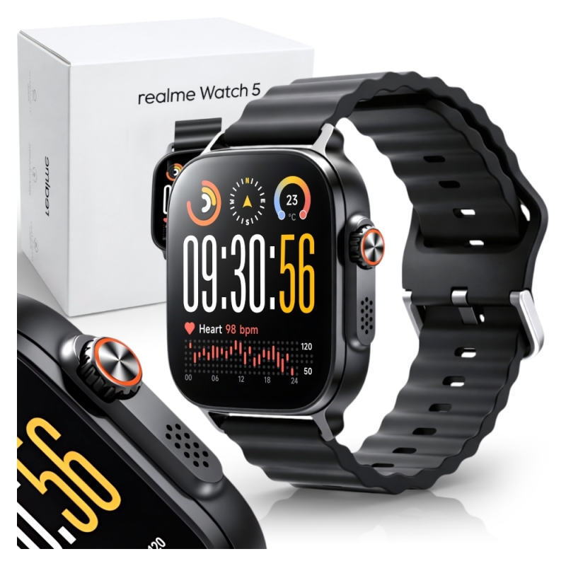 Smartwatch Realme Watch 5 w czarnej kopercie wyposażony w wyraźny ekran AMOLED.