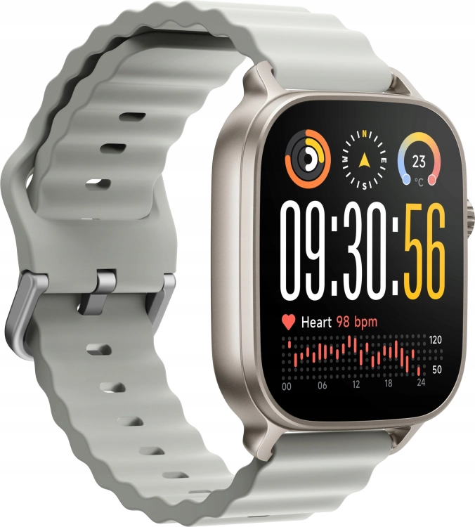 Zbliżenie na błyszczącą, aluminiową koronkę funkcyjną na boku zegarka Realme Watch 5.