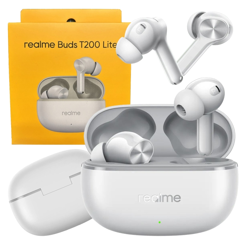 Szare, dokanałowe słuchawki Realme Buds T200 Lite zamknięte w pojemnym etui powerbanku.