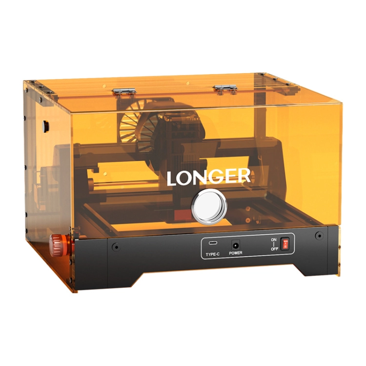 Zamknięta grawerka laserowa Longer Ray5 miniS w charakterystycznej pomarańczowej obudowie ważąca 2,89 kg.